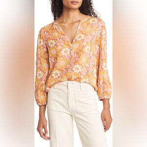 Marine Layer XS Jamie Floral Band Collar Top, Retro Floral 100% Cotton Slub Feel